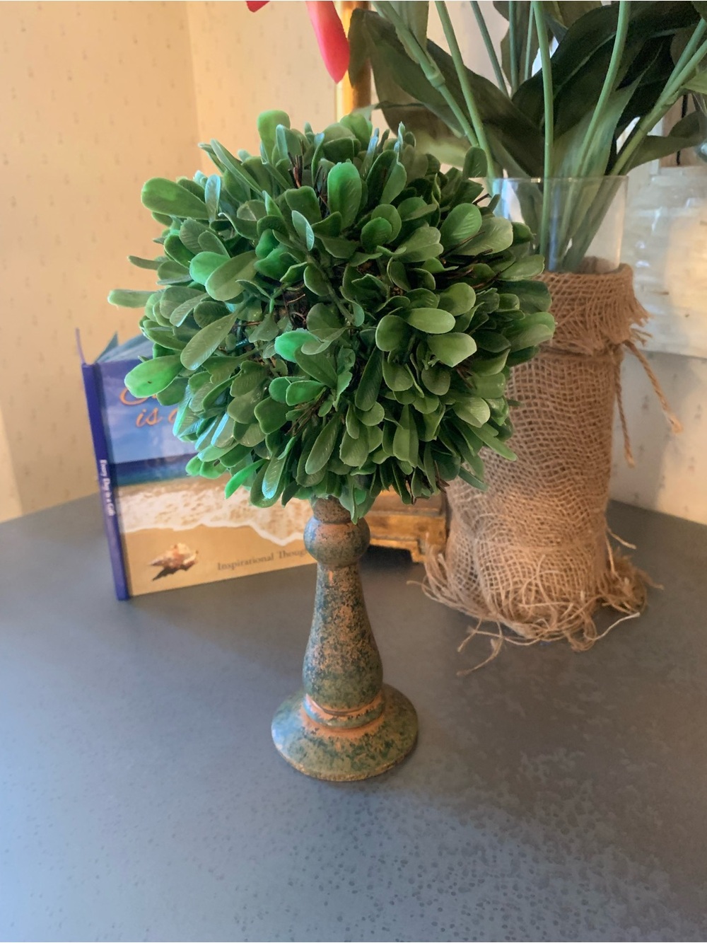 Pottery Barn Boxwood  Topiary, small, plastic 12 inches tall, GREEN/ BROWN base.